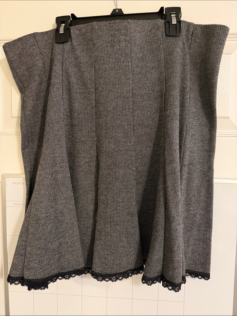 Classic Gray Flared Skirt with Black Lace Hem